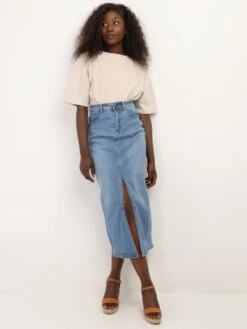 Jupe En Denim Mi-longue Et Fendue 7 Jupe En Denim Mi-longue Et Fendue -Look De Femme Soldes Boutique N02 Q3902 BLU 4