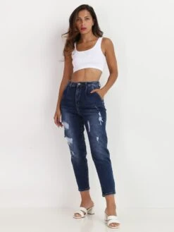 Mom Jeans En Denim à Trous -Look De Femme Soldes Boutique O01 B855 BLU 3