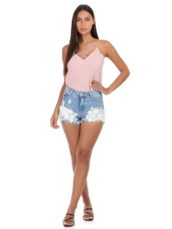 Short En Jeans à Broderie Et Perles -Look De Femme Soldes Boutique O02 DZ555 BLU 3