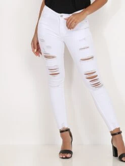 Jeans Skinny Blanc à Trous Blanc
