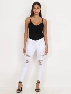 Jeans Skinny Blanc à Trous Blanc -Look De Femme Soldes Boutique O04 B812 1 WHT 3