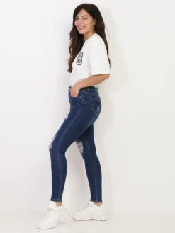 Jeans Skinny Destroy Et Délavé Taille Haute -Look De Femme Soldes Boutique O08 675 DKBLU 3