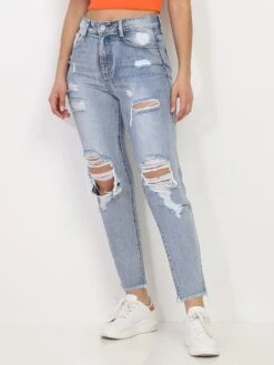 Jeans Mom Délavé Et Destroy