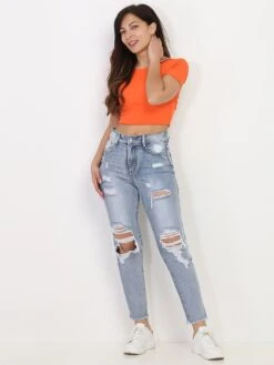 Jeans Mom Délavé Et Destroy -Look De Femme Soldes Boutique O09 B1235 BLU 3