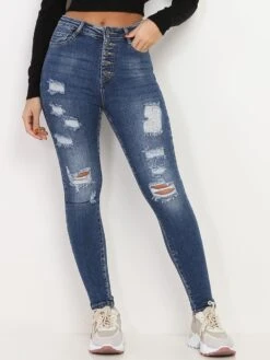 Jeans Skinny Destroy à Taille Haute