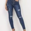 Jeans Skinny Bleu Effiloché à Trous Bleu