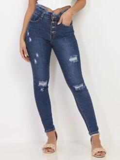 Jeans Skinny Bleu Effiloché à Trous Bleu