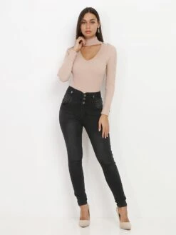 Jeans Skinny Délavé à Taille Haute -Look De Femme Soldes Boutique O12 B1105 DKGRY 3