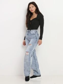 Jeans Boyfriend Destroy à Taille Haute -Look De Femme Soldes Boutique O15 B1230 BLU 3