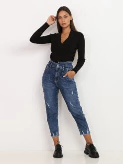 Mom Jeans Destroy Et Effiloché -Look De Femme Soldes Boutique O17 A8449 BLU 3