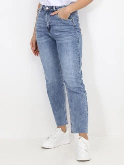 Jeans Droit Délavé à Bords Effilochés