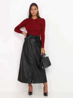 Jupe Trapèze à Boutons En Simili -Look De Femme Soldes Boutique O19 X8035 BLK 3