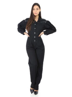 Combinaison En Jeans Style Utilitaire à Clous -Look De Femme Soldes Boutique O24 YX816 BLK 3