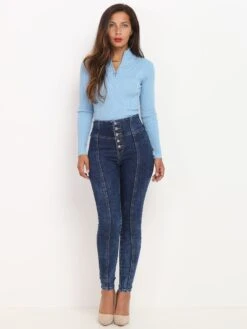 Jeans Taille Haute à Boutons Et Surpiqûres -Look De Femme Soldes Boutique P06 B1103 BLU 4