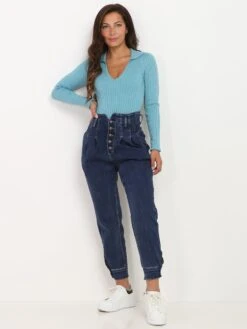 Jeans Mom à Détails Corset -Look De Femme Soldes Boutique P10 KW227 BLU 3