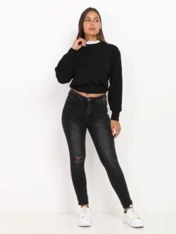 Jeans Skinny Délavé à Trou -Look De Femme Soldes Boutique P15 B1033 DKGRY 3