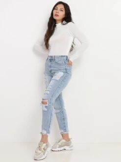 Jeans Déchiré à Taille Haute 5 Jeans Déchiré à Taille Haute -Look De Femme Soldes Boutique P15 B1236 BLU 3