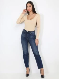 Jeans Mom à Bords Effilochés -Look De Femme Soldes Boutique P18 D1671 DKBLU 3