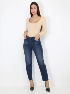 Jeans Mom à Bords Effilochés -Look De Femme Soldes Boutique P18 D1671 DKBLU 4