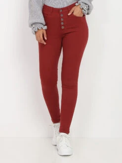 Jeans Skinny Rouge Brique à 5 Boutons Bordeaux