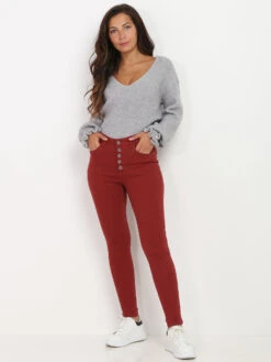Jeans Skinny Rouge Brique à 5 Boutons Bordeaux -Look De Femme Soldes Boutique Q09 DZ359 35 WIN 3