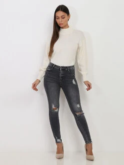 Jeans Skinny Délavé à Trous -Look De Femme Soldes Boutique Q11 A195 DKGRY 3