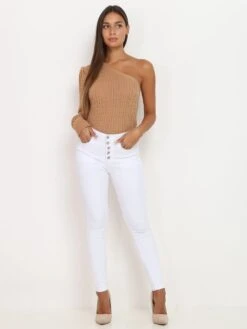 Jeans Skinny à Boutons -Look De Femme Soldes Boutique Q16 DZ359 5 WHT 3