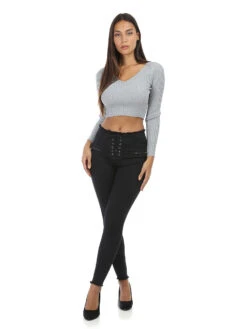 Jeans Skinny à Lacets Et Zips -Look De Femme Soldes Boutique Q16 R650 BLK 3