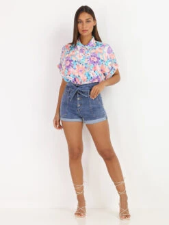 Short En Denim Taille Haute Et Ceinturé -Look De Femme Soldes Boutique Q17 B997 BLU 3