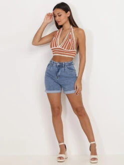 Short à Pinces En Jean Bleu Avec Ourlets Bleu 5 Short à Pinces En Jean Bleu Avec Ourlets Bleu -Look De Femme Soldes Boutique Q18 SA3256 BLU 3