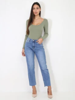 Jeans Droit Délavé -Look De Femme Soldes Boutique Q20 D1454 BLU 4