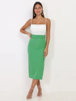 Jupe Crayon Verte Ceinturée Et Fendue Vert 5 Jupe Crayon Verte Ceinturée Et Fendue Vert -Look De Femme Soldes Boutique R01 3851 GRN 3