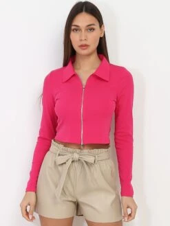 Crop Top Zippé à Col Polo