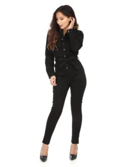 Combinaison En Jeans à Col Chemise Et Ceinture -Look De Femme Soldes Boutique R17 R699 2 BLK 3