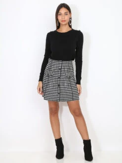 Jupe Boutonnée à Motif Pied-de-poule 7 Jupe Boutonnée à Motif Pied-de-poule -Look De Femme Soldes Boutique R18 JU04 1 BLKWHT 4