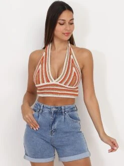 Top à Rayures Camel Et Orange En Crochet Marron