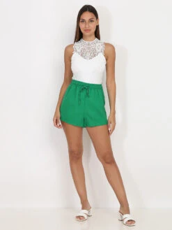 Short Fluide Et évasé Vert En Lin Vert -Look De Femme Soldes Boutique RK10 20570 GRN 3
