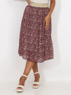 Jupe Mi-longue Plissée à Motif Floral