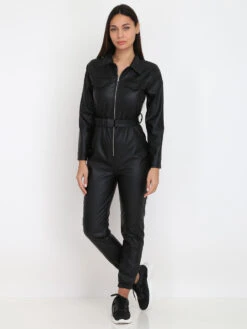Combinaison En Simili Avec Ceinture Utilitaire -Look De Femme Soldes Boutique S05 5289 BLK 3