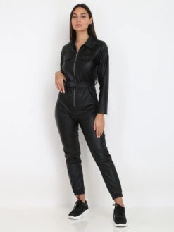 Combinaison En Simili Avec Ceinture Utilitaire -Look De Femme Soldes Boutique S05 5289 BLK 4