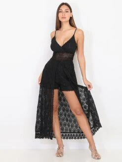 Combi-short Avec Jupe Longue Fendue En Dentelle 5 Combi-short Avec Jupe Longue Fendue En Dentelle -Look De Femme Soldes Boutique S08 0901 BLK 3