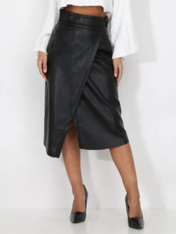 Jupe Portefeuille Ceinturée En Simili