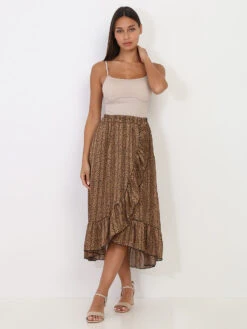 Jupe Portefeuille Camel Imprimée Léopard Mi-longue Marron -Look De Femme Soldes Boutique S15 8235 H BRW 3