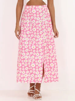 Jupe Mi-longue Fendue à Fleurs