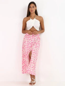 Jupe Mi-longue Fendue à Fleurs -Look De Femme Soldes Boutique S16 2217 1 PNK 3