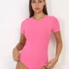 Body Moulant Rose à Manches Courtes Fuchsia