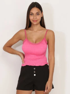 Crop Top Fuchsia Smocké Avec Volants Et Dentelle Fuchsia