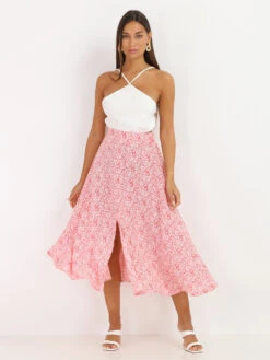Jupe Patineuse à Fleurs Avec Fente -Look De Femme Soldes Boutique S18 P8286 RED 3