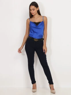 Caraco Satiné à Col Bénitier En Dentelle -Look De Femme Soldes Boutique S19 339 BLU 3