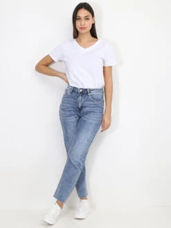 T-shirt Basique à Col V -Look De Femme Soldes Boutique T10 L801 WHT 3